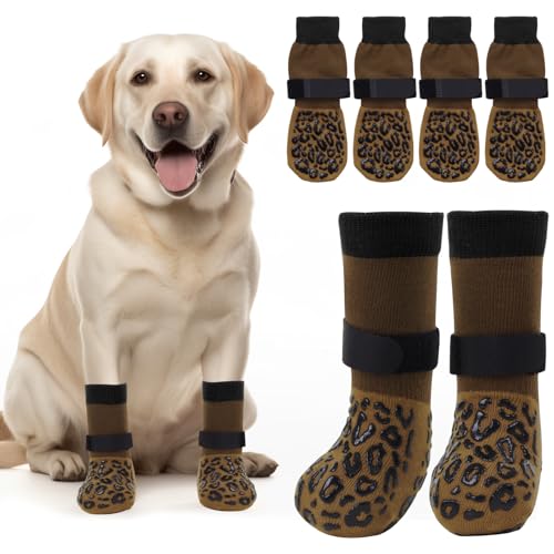 Non Slip Dog Socks with Grippers Prevent from Licking Paws (Brown / S)