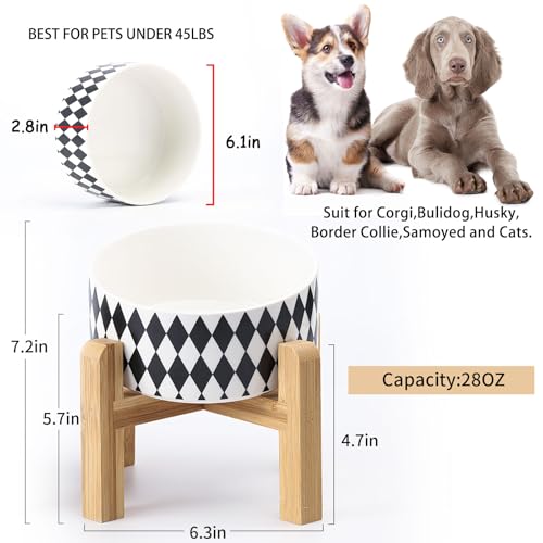 Elevated Raised 15°Slanted Ceramic Dog Bowl for Small and Medium Breeds (Black Rhombus / 3.6 CUPS - Medium Dog Bowls)