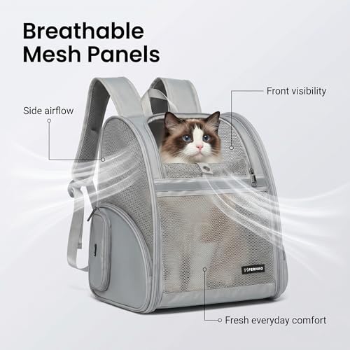 Cat Backpack Carrier for Small Dogs and Medium cat Puppy Kitten Bunny Pet Carrier Backpack Collapsible with Fully Ventilated Mesh with Safety Leash (Gray / 12.9"L x 10.62"W x 15.5"H)