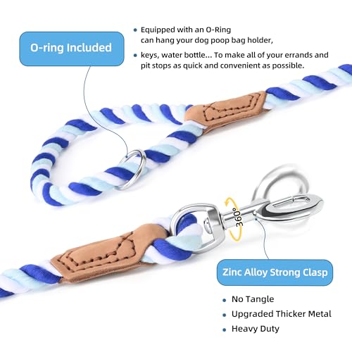 Rainbow Dog Leash Braided Cotton Rope w Leather (Blue Gradient / 60 Inch-1/2")
