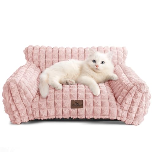Cat Couch Bed with Fluffy Faux Rabbit Fur for Indoor Cats (Pink / Small: 24"L x 18"W x 10"Th)