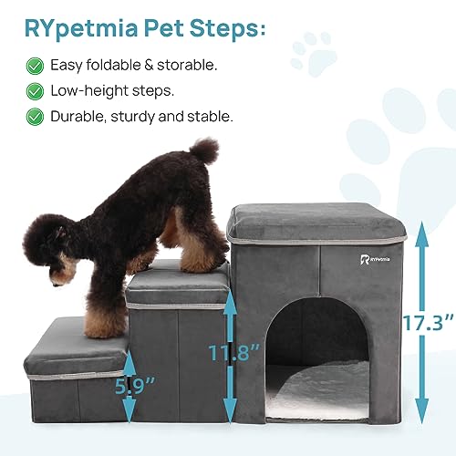 Foldable Pet Stairs with Cozy House & Storage (Dark Gray Suede)