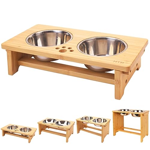 Elevated Dog Bowl Stand with 2 Stainless Steel Bowls (small-4“tall,21 Oz bowl / Bamboo)