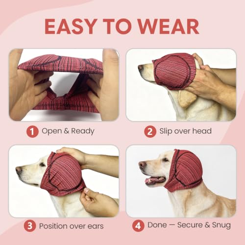 Dog Ear Cover for Noise Cancelling Quiet Calming Ear Wrap for Anxious Dogs No Flap Ear Muffs for Thunder Protection Breathable Ear Protection for Grooming Travel and Daily Wear (rose red / Medium)