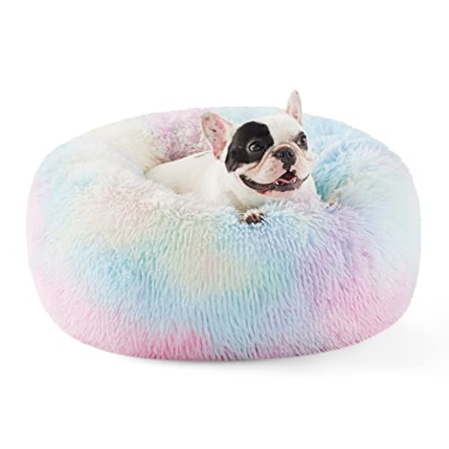 Calming Small Dog Bed Donut Washable Cat＆Puppy Bed (23"L x 23"W x 8"Th / Multi Color)