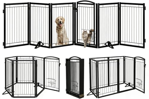 Full Metal Freestanding Dog Gate with Cat Door for Indoor & Outdoor (Black / 【6 Panels with Door】120"W×32"H)