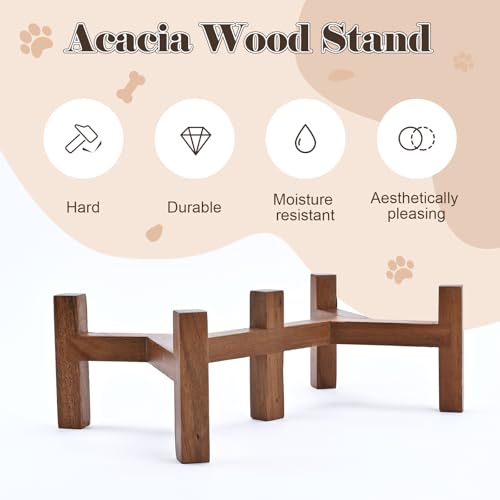 Ceramic Dog Bowls with Acacia Wood Stand (28.74 Oz / Gray)