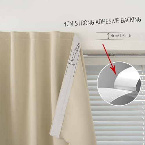 Blackout Curtains with Self Adhesive Tape No Rod No Drill Easy Install Window Cover for Bedroom Kitchen Dorm 34" W X 79" L Beige 1 Panel (34"W x 79"L (Pack of 1) / Beige)