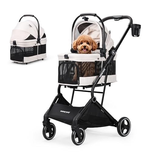 T3 Pet Stroller for Small Dogs & Cats up to 44lbs (Beige & Net Wall / T3)