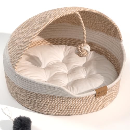 Cat Basket Bed with Washable Cushion and Ball Rope Cotton (White)