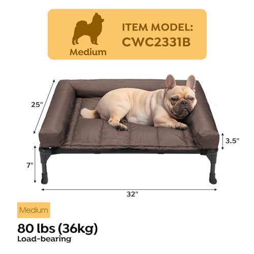 Outdoor Elevated Dog Bed with Waterproof Bolster Cushion (Brown / 32.0"L x 25.0"W x 7.0"Th)