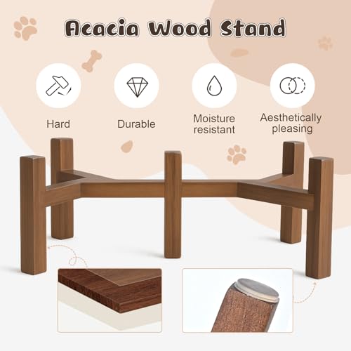 Ceramic Elevated Dog Bowl Set with Acacia Wood Stand for Food and Water for Small Medium Sized Dogs (28.74 Oz / Black with Dog Paw Pattern)