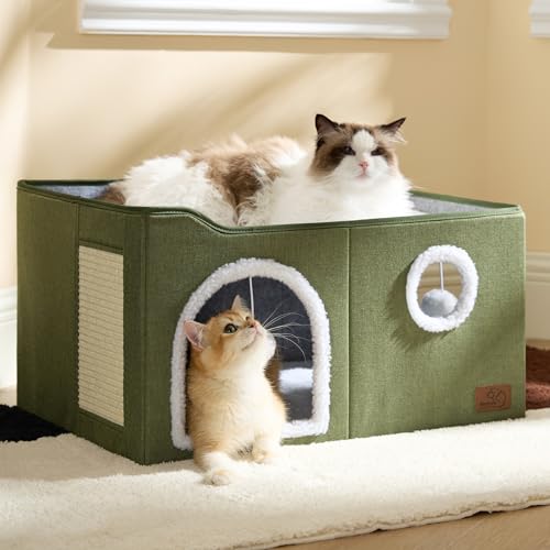 Extra Wide Cat House Bed with Fluffy Ball and Scratch Pad (Loden Green / Widen)