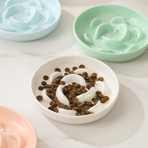 2 Pcs Ceramic Cat Slow Feeder Bowl Set (White and Blue)