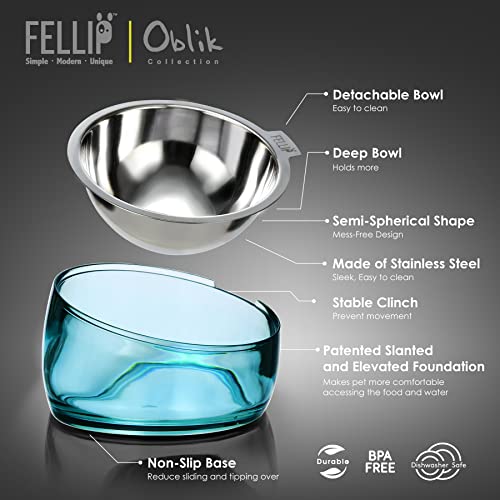 Pet Oblik Acrylic Raised Dog Food Water Bowl Stainless Steel Slanted Oval Dish for Short Leg Puppy & Small Medium Pet (Sapphire / 1.5 Cups Oval Dish)