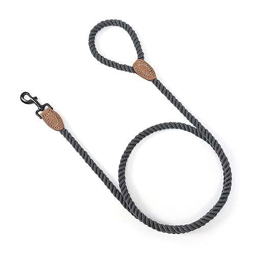 Dog Leash Braided Cotton Rope with Leather (Dark Grey / 72 Inch-1/2")