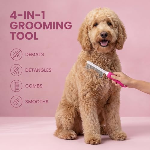 Poodle Pet Detangling Pet Comb with Long & Short Stainless Steel Teeth for Removing Matted Fur (Pink / Detangling Pet Comb)