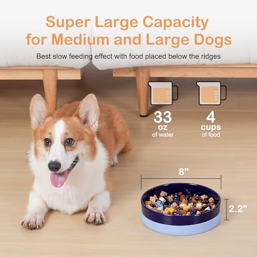 Ceramic Slow Feeder Dog Bowls with Silicone Base (Medium-8 inches / Blue)