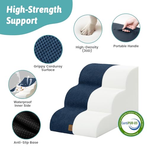 Wide Dog Stairs for Small Dog 15.7" H (Navy Blue / Wide:17.7"x22.4"x15.7")