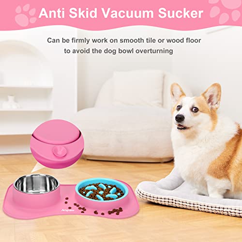 Slow Feeder Dog Bowls 3 in 1 Stainless Steel Food Water Bowl to Slow Eating (Small ＆ Medium Breed / Pink)