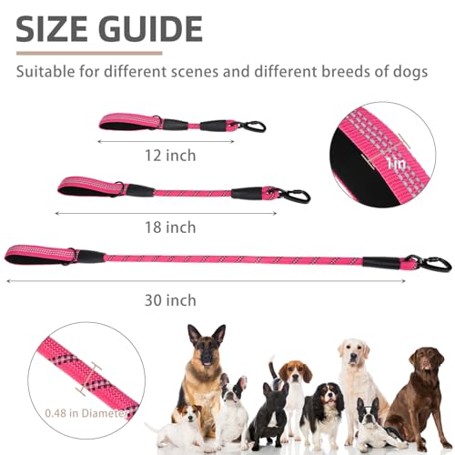 Reflective Short Dog Leashes 3 Pack for Walking and Training (Hot Pink / 1FT+1.5FT+2.5FT)