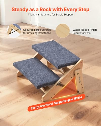 Wood Pet Stairs (Wood Color+Blue / 2-Step Foldable)