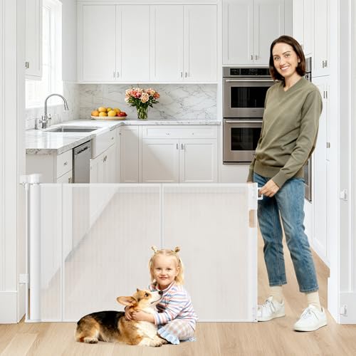 2 Pack Reinforced 55" Wide Retractable Baby Gates for Doorways to Prevent Crawling Under (White / 2 Pack - 33" Tall x 55" Wide (With Reinforced Bar))