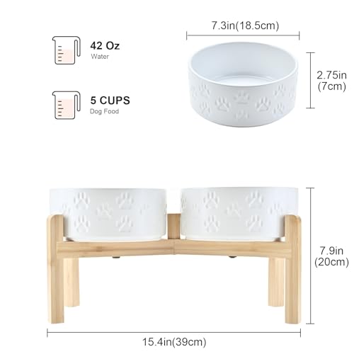 Elevated Dog Bowls Ceramic (7.3 in - 5.3 cups / Paw White)