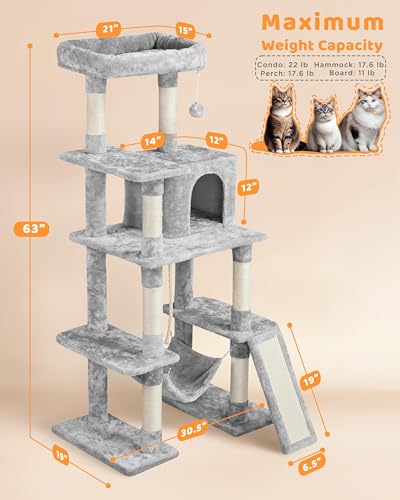 63in Sturdy Large Cat Tree for Indoor Heavy Cats (Light Gray / 63in)