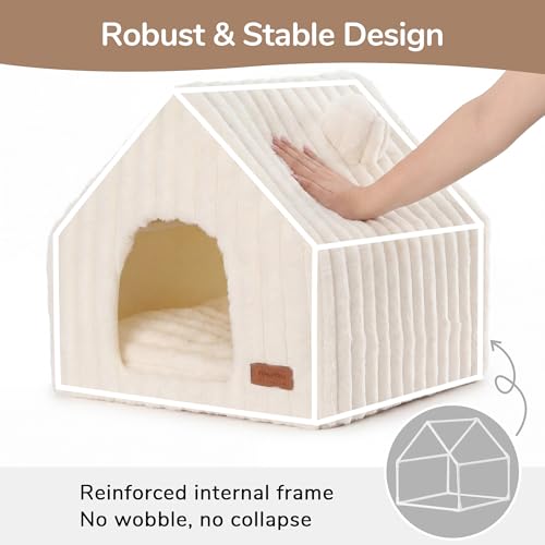 Cat Bed Cave Enclosed Washable Covered Dog Bed with Support Frame (Cream / 17 Inch (Cats up to 15 lbs, Dogs up to 10 lbs))