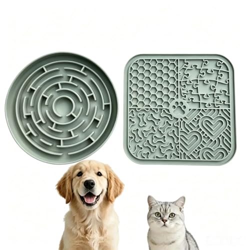 Dog Cat Lick Mat and Slow Feeder Bowl Set (Green)