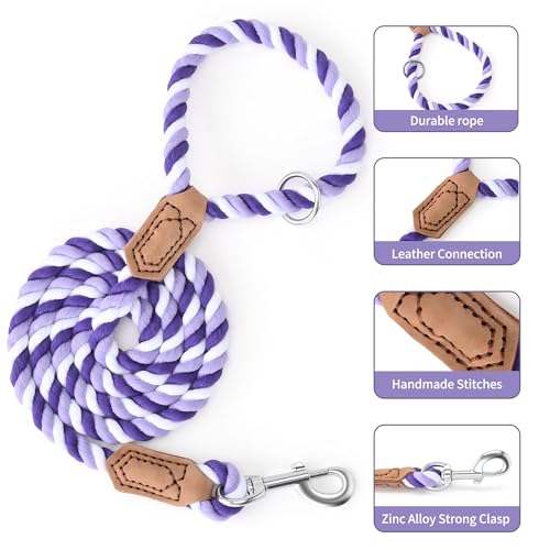 Rainbow Dog Leash Braided Cotton Rope w Leather (Purple Gradient / 60 Inch-1/2")