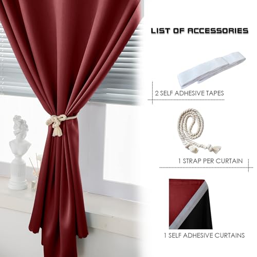 100% Blackout Shades Window Cover Self Adhesive Curtains Sticky Curtain Portable Easy Open Black Out Curtains for Bedroom Living Room No Drilling (Burgundy/ Thickened / 35"W x 84"L (Pack of 1))