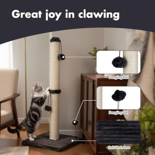 34“ Tall Cat Scratching Post Premium Basics Kitten Scratcher Sisal Scratch Posts Trees with Hanging Ball for Indoor Cats (34 inches for Adult Cats / Charcoal Gray)