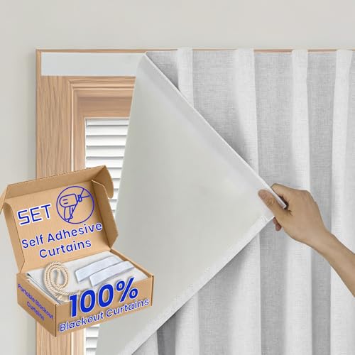 100% Blackout Self Adhesive Portable Curtains for Bedroom Easy to Install Window Thermal Lnsulated Kitchen Room Darkening Small Window Curtains (34"W x 80"L (Pack of 1) / Off-white)
