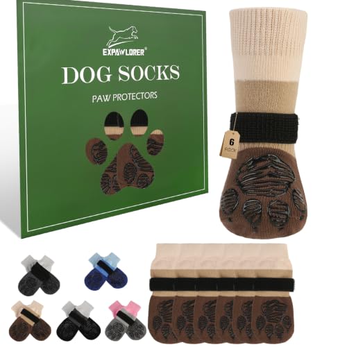 Non Slip Dog Socks for Hardwood Floors to Prevent Licking Paw L (Large(6 Pack) / Khaki)