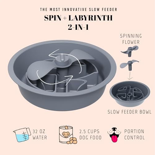 Slow Feeder Dog Bowls for Large Breed (Petal Feeder Grey / 2.5 Cup - Fit 7.5-7.7'' Feeder Holes)