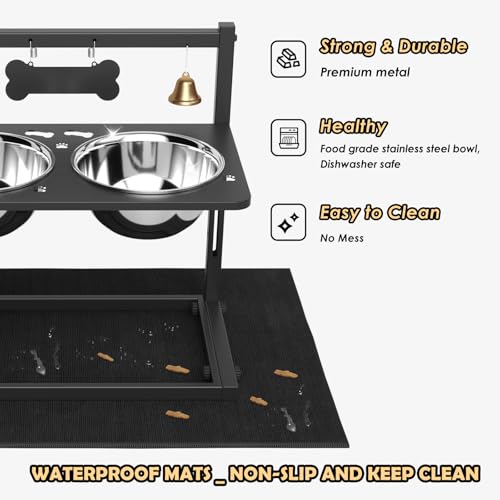 Elevated Dog Bowls with Slow Feeder and Spill Proof Mat (Black - Metal Slow Bowl & Mat / Large Dogs)