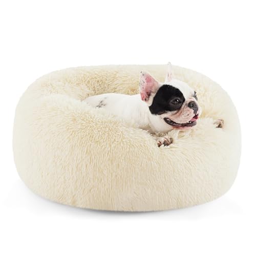 Calming Small Medium Dog Bed Donut Washable Puppy Bed (27"L x 27"W x 8"Th / Ivory Beige)