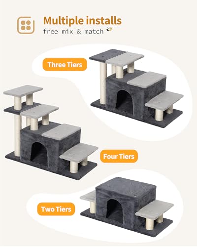 4 Tier Cat Stairs for High Bed with 22'' Cat Scratching Post (Extra Large-Gray)