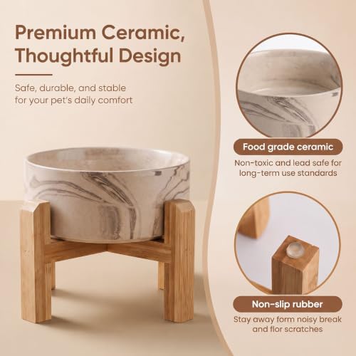 Elevated Ceramic Dog Bowl with Bamboo Stand (Marble Brown / 7.6Cup)