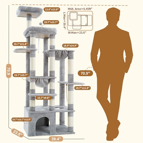 Cat Tree, 71-Inch Tall Cat Tower for Large Maine Coon Cats HCT037W (Light Gray / XL)