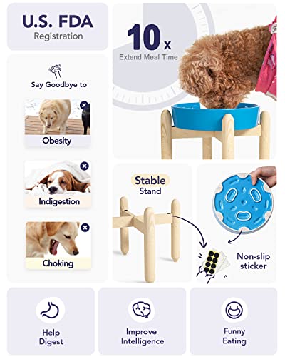 Ceramic Slow Feeder Dog Bowls Elevated (Vortex Blue+Stand / L-3 Cups)