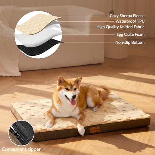 Orthopedic Large Dog Bed Washable Pet Crate Mat 48''X30'' Camel (Camel / 48"L x 30"W x 3.5"Th)
