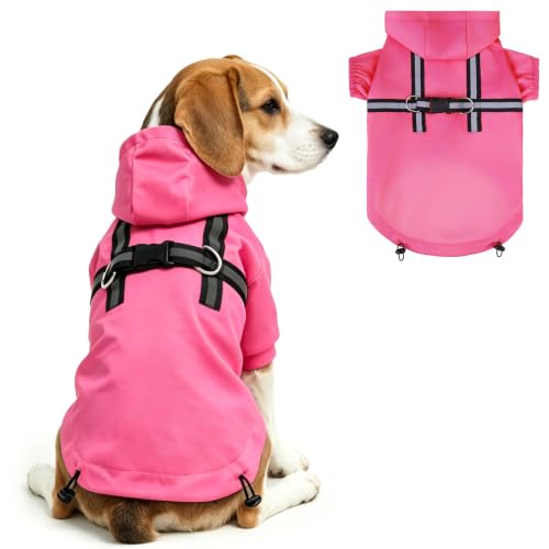 Dog Raincoat with Hood & Harness Built (M (Back 15", Chest 22.5", Neck 16") / Fuschia)