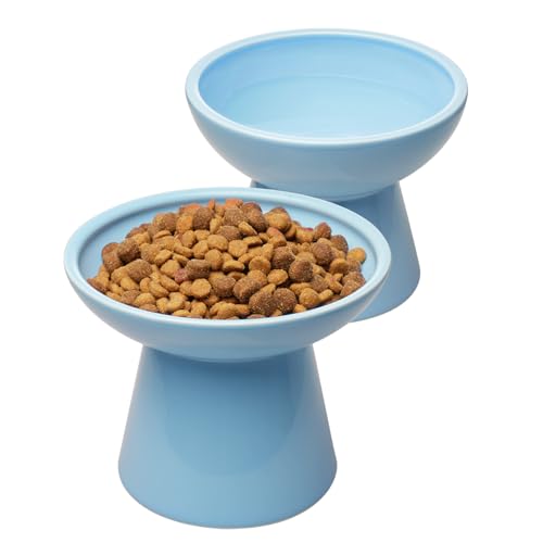 2 Pack Elevated Ceramic Cat Bowls Extra Wide for Food & Water (Baby Blue)