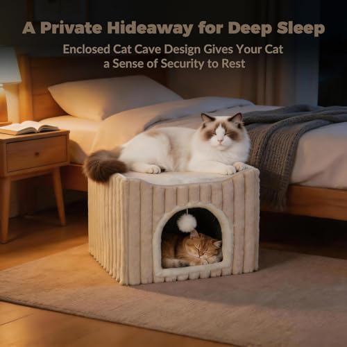 3-in-1 Cat Cave Bed for Indoor Cats with Scratch Pad (Cream)