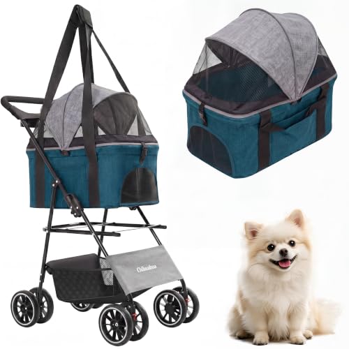 2-in-1 Foldable Pet Stroller 4-Wheel for Small Dogs & Cats,Black+Green (Black+Green)