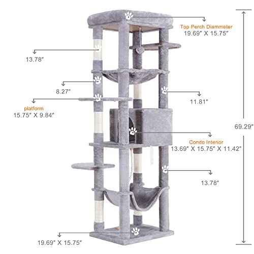 Cat Tree for Large Cats 20 lbs (Light Gray / 69 inch)