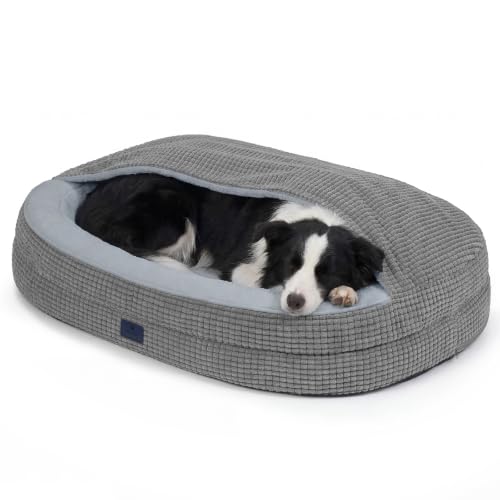 2-in-1 Dog Cave Bed with Cover, Covered Dog Bed for Large Dogs (Gray / 42"L x 32"W x8"Th)
